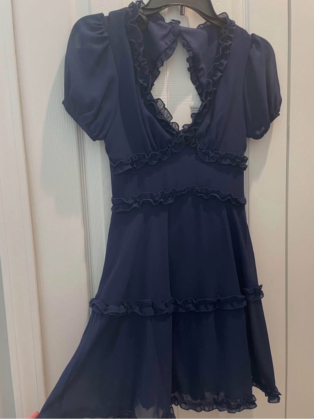 Navy Ruffle V-Neck Short Sleeve Dress